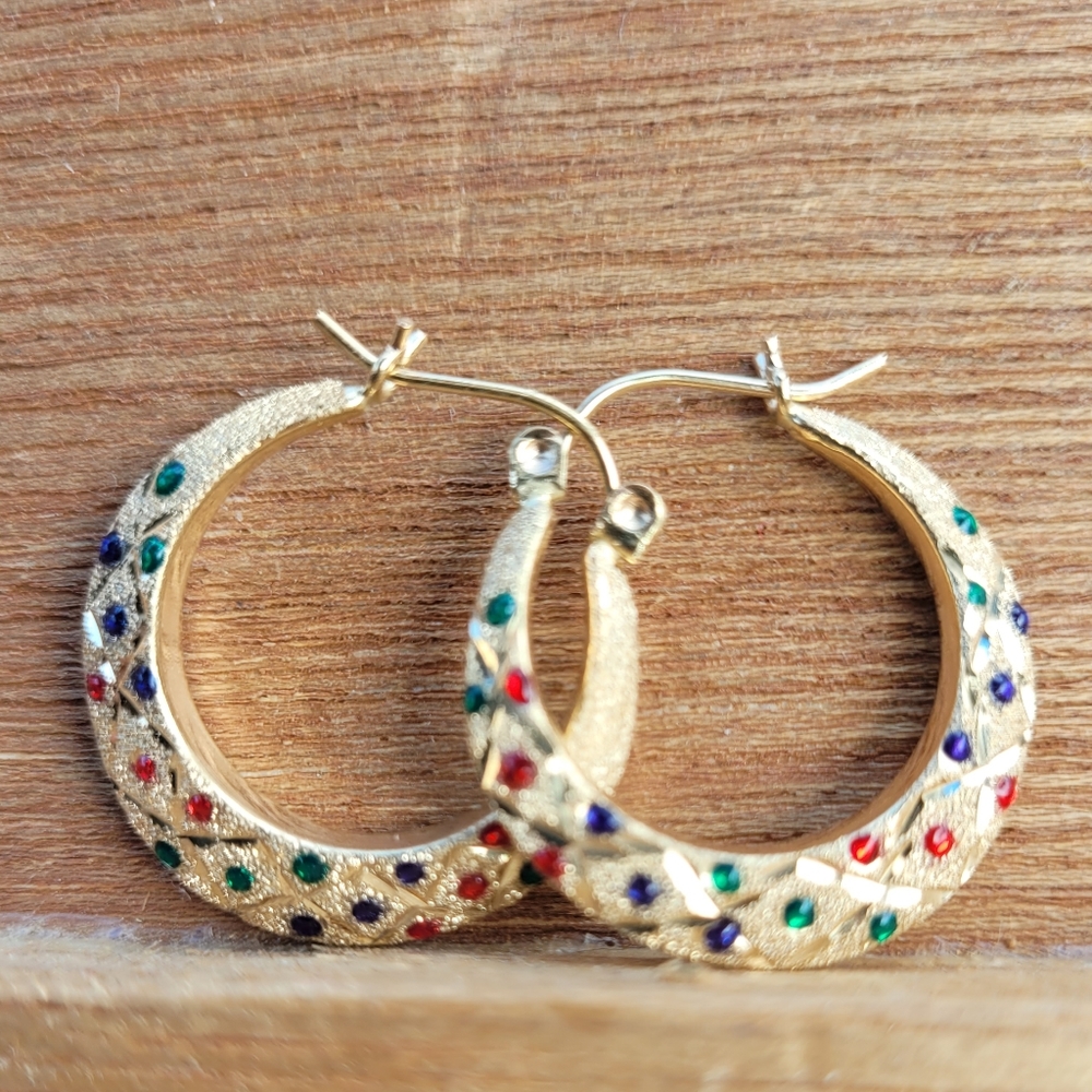 14kt yellow gold hoop earrings  red and green swarovski crystals
